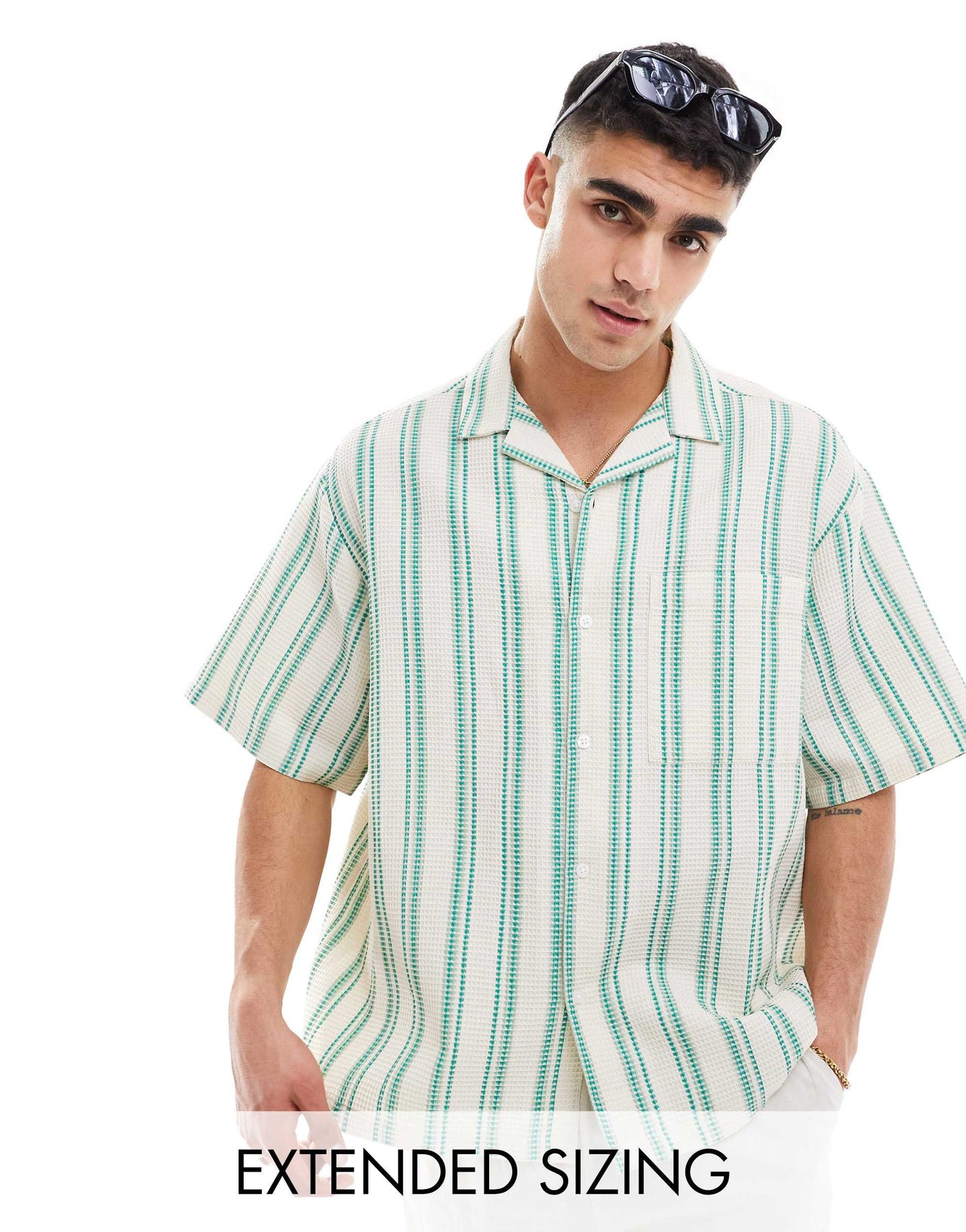 ASOS DESIGN oversized revere shirt in green waffle stripe