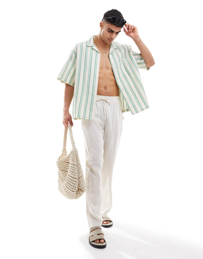 ASOS DESIGN oversized revere shirt in green waffle stripe