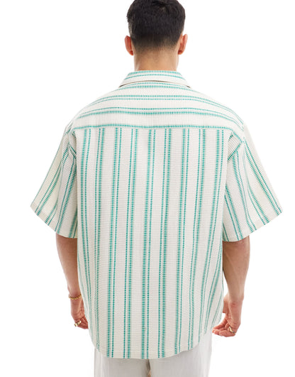 ASOS DESIGN oversized revere shirt in green waffle stripe