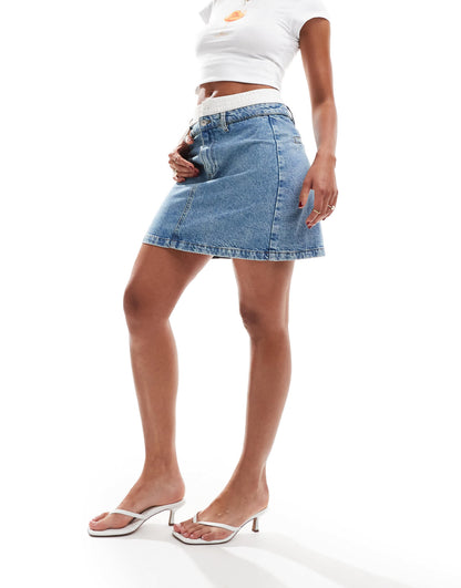 ASOS DESIGN denim mini skirt with boxer waistband in bleach wash