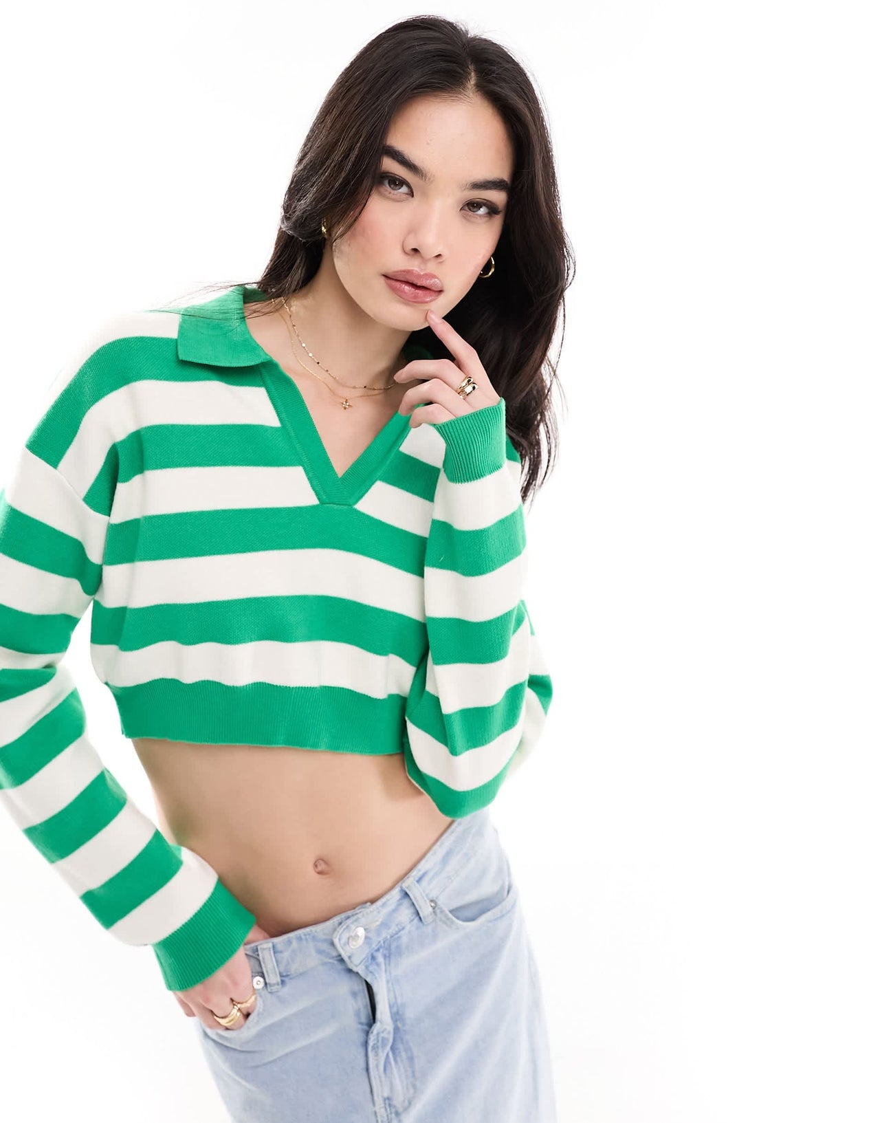 Bershka polo neck jumper in green & white stripe