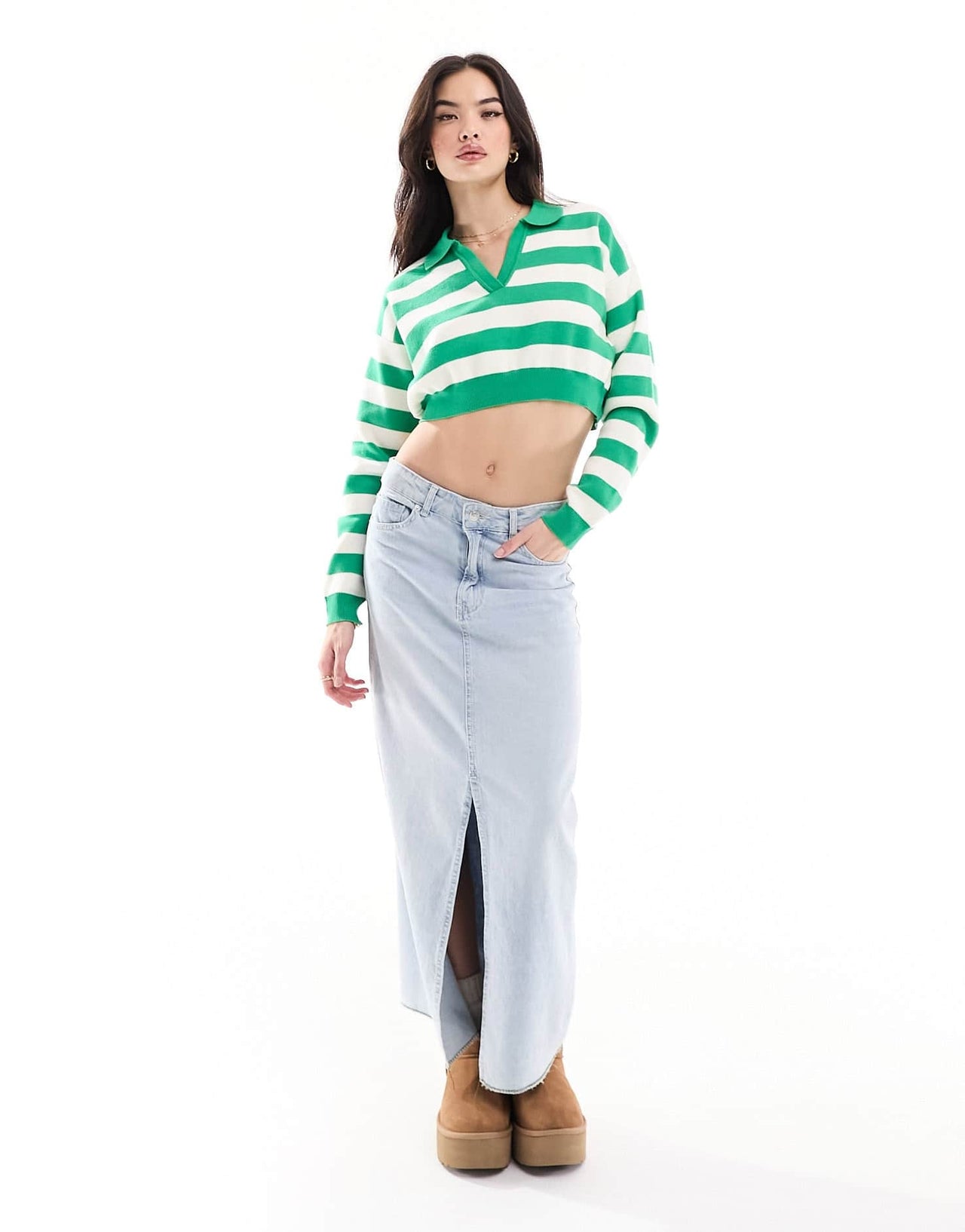 Bershka polo neck jumper in green & white stripe