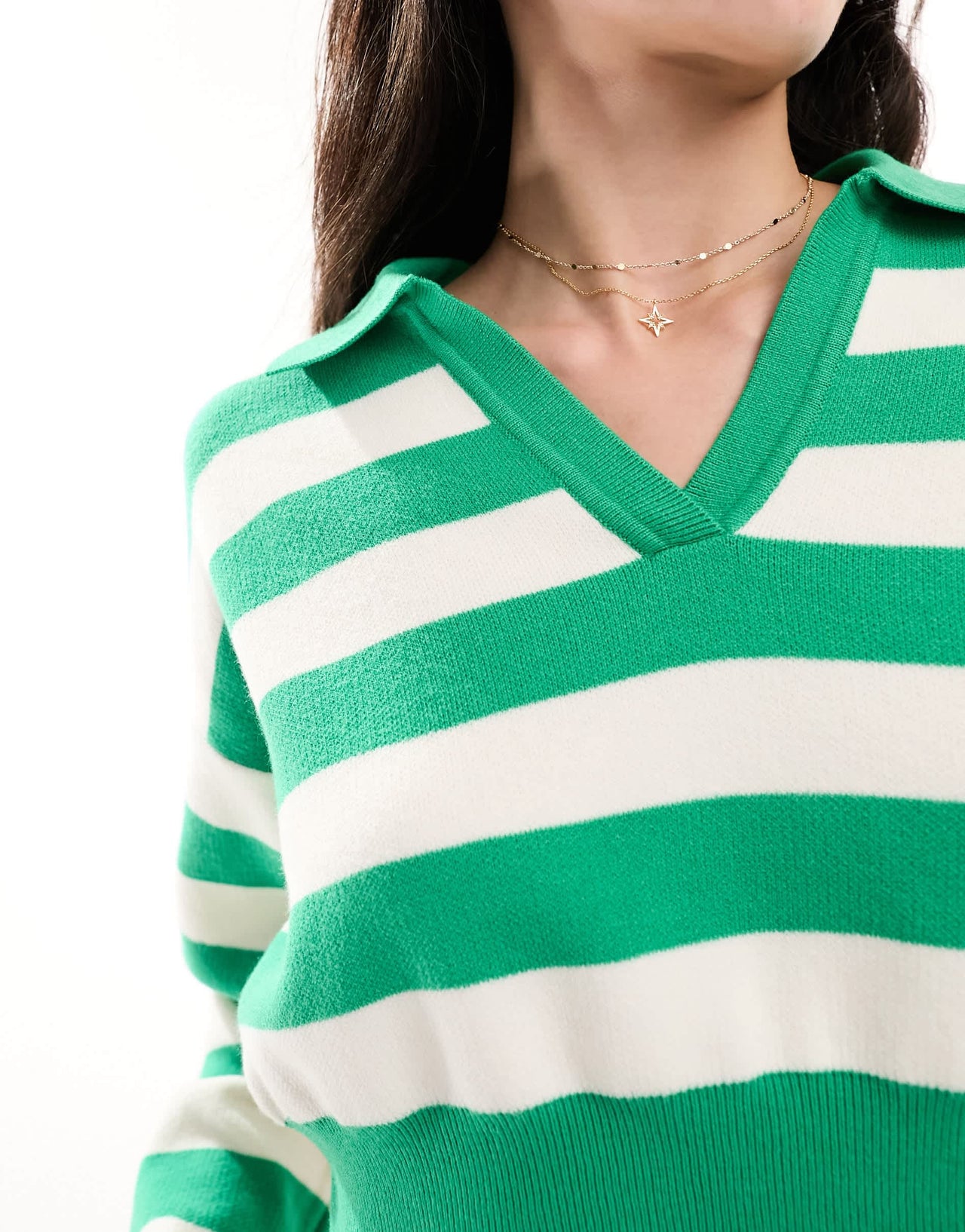 Bershka polo neck jumper in green & white stripe