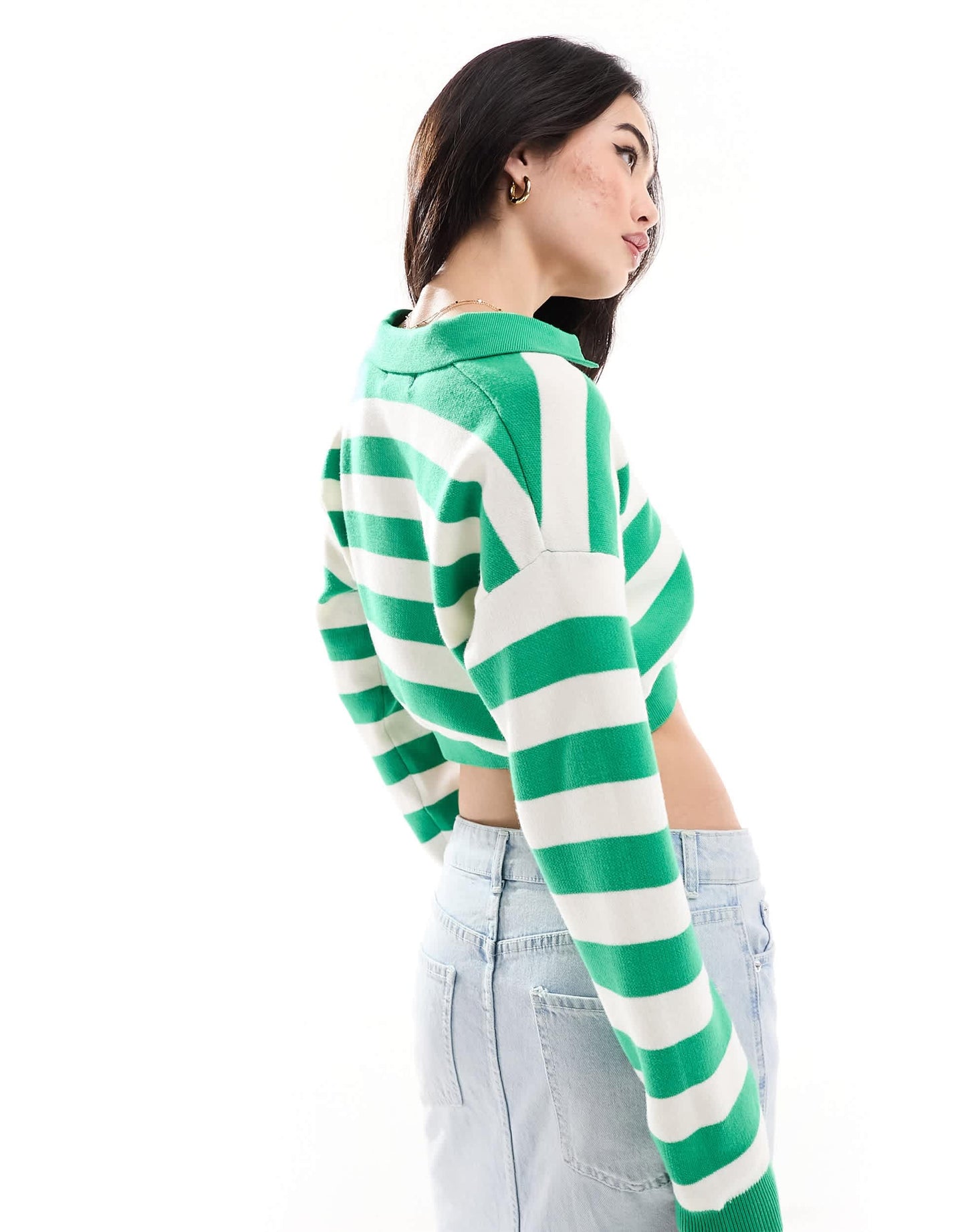 Bershka polo neck jumper in green & white stripe