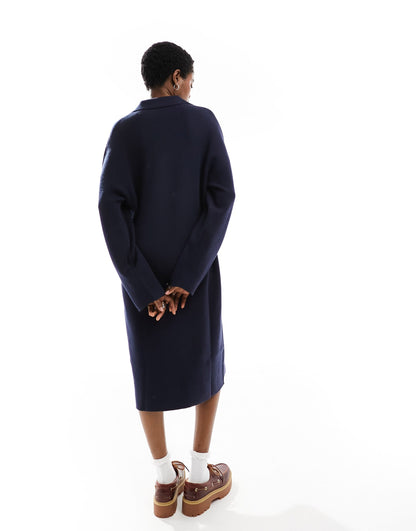 Monki knitted polo collar midi long sleeve dress in navy