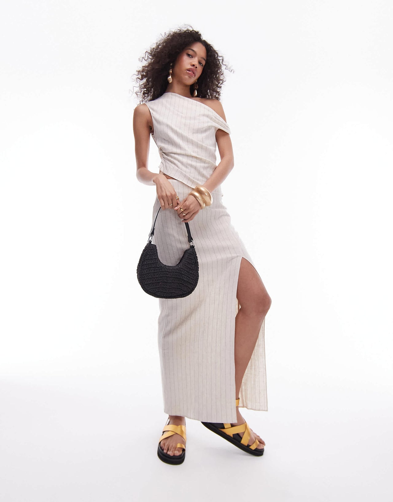 Topshop co-ord column skirt with split in natural pinstripe