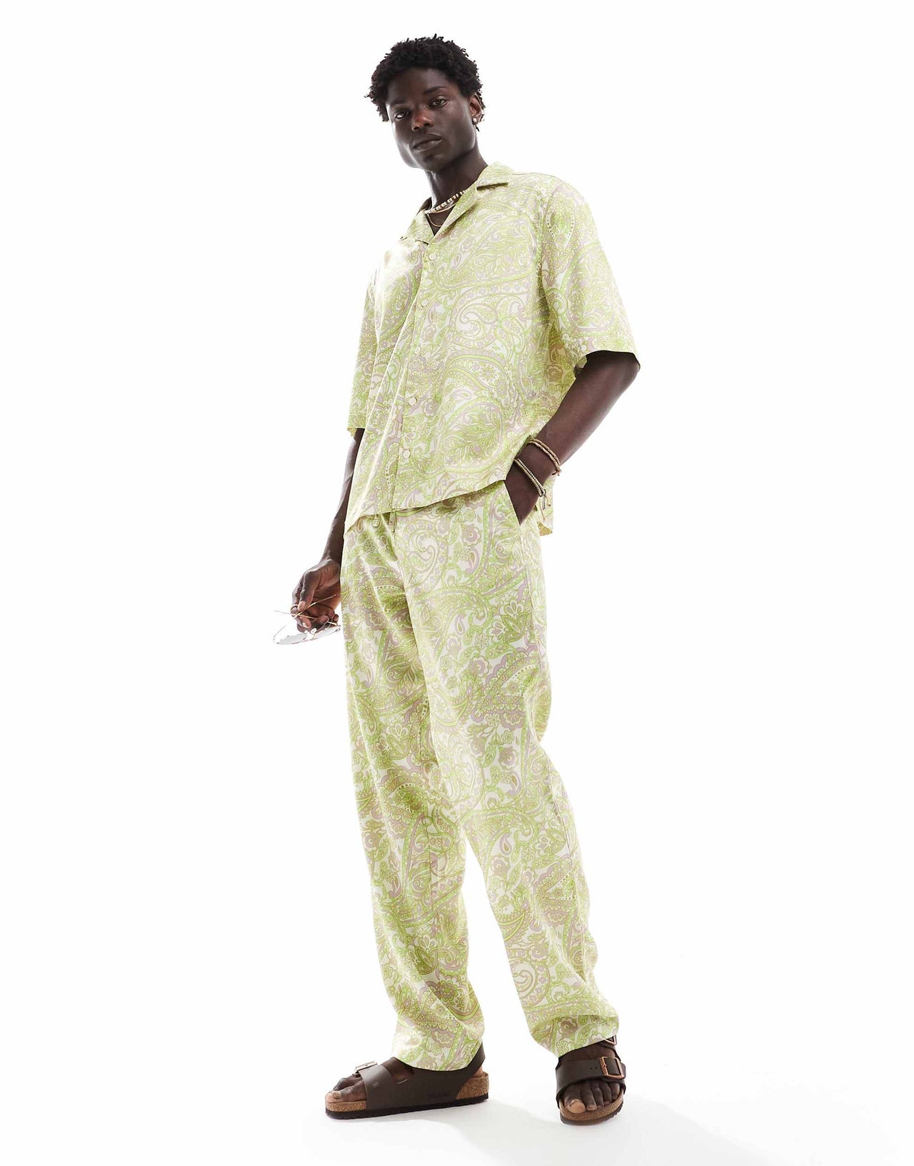 ASOS DESIGN co-ord boxy relaxed deep revere shirt with paisley print in green