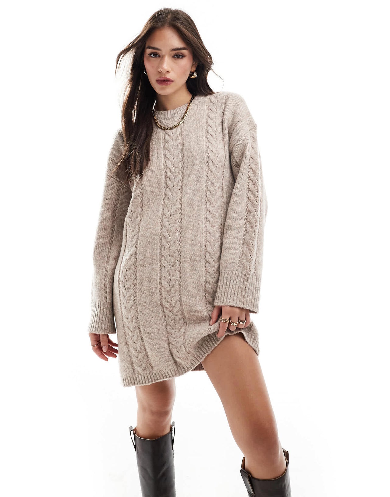ASOS DESIGN crew neck cable mini dress taupe