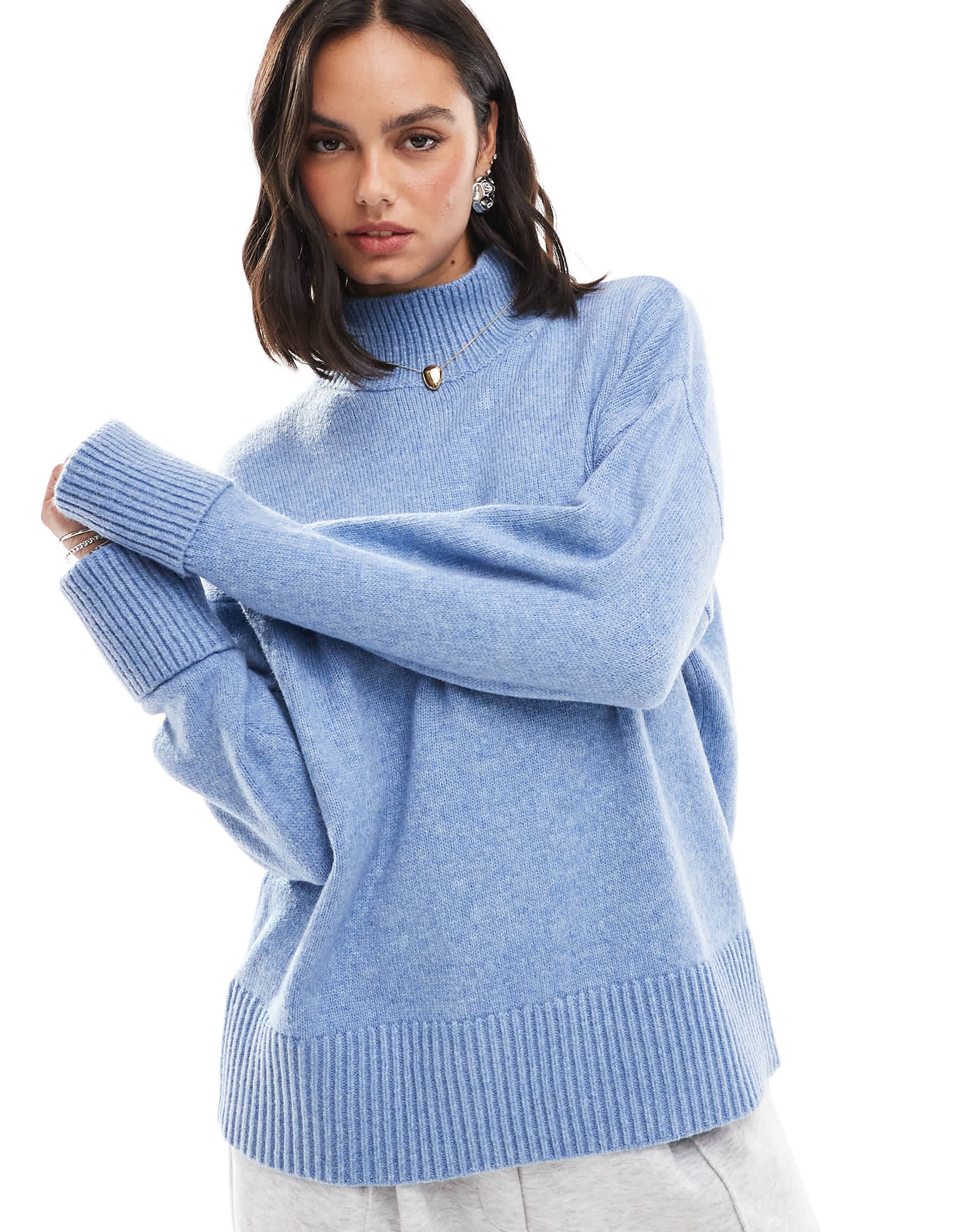 ASOS DESIGN knitted high neck jumper with turn back cuffs in blue