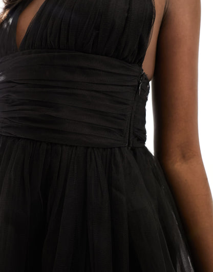 Lace & Beads cross back tulle maxi dress in black