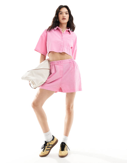 ASOS DESIGN cropped shirt with linen in washed pink co-ord
