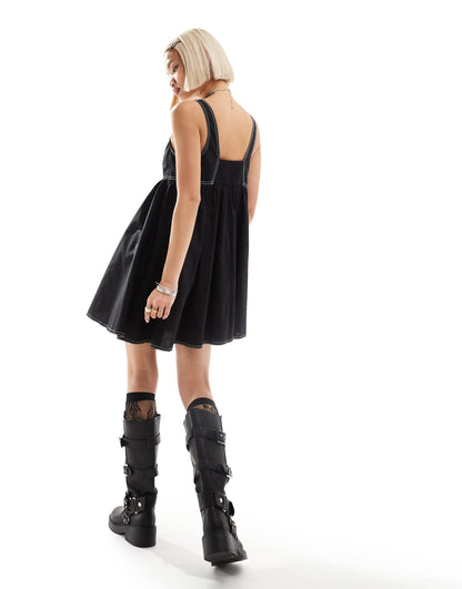 COLLUSION cotton mini smock dress with notch neck in black