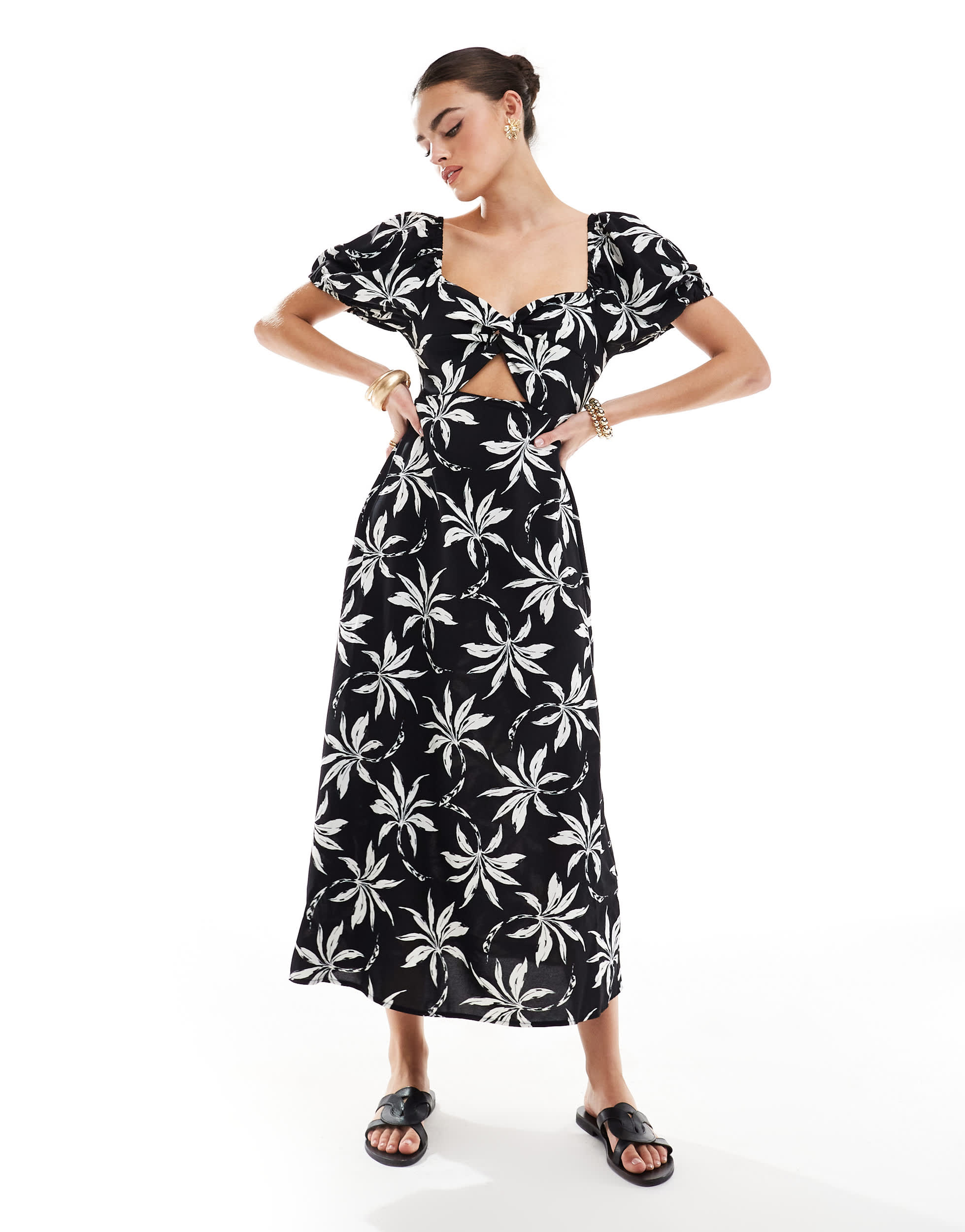 New Look Palm twist midi dress in black