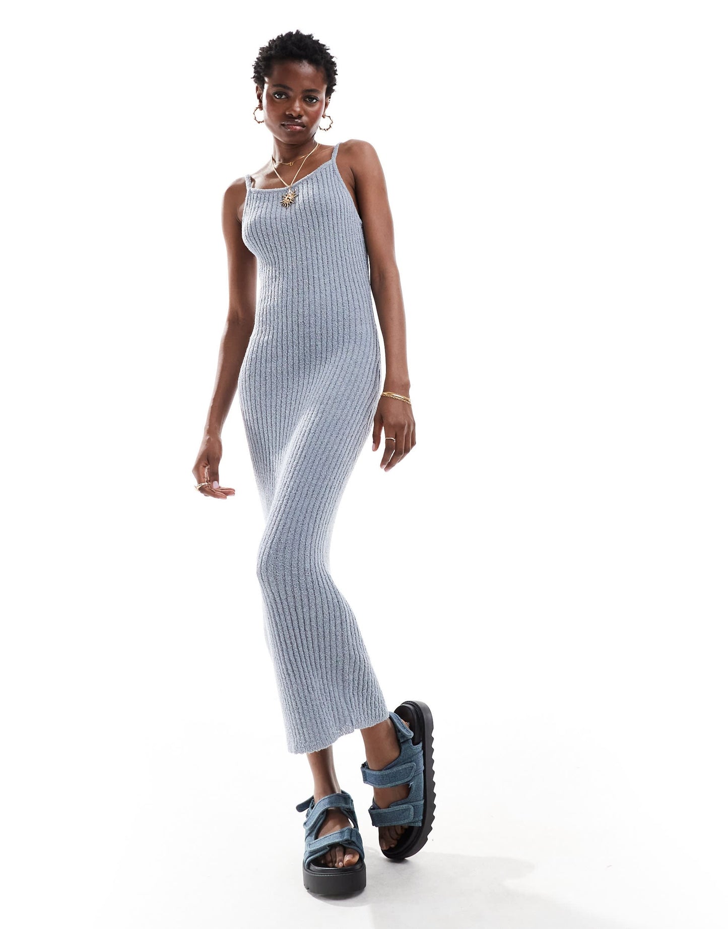 ASOS DESIGN knitted racer  dress in rib textured yarn in blue