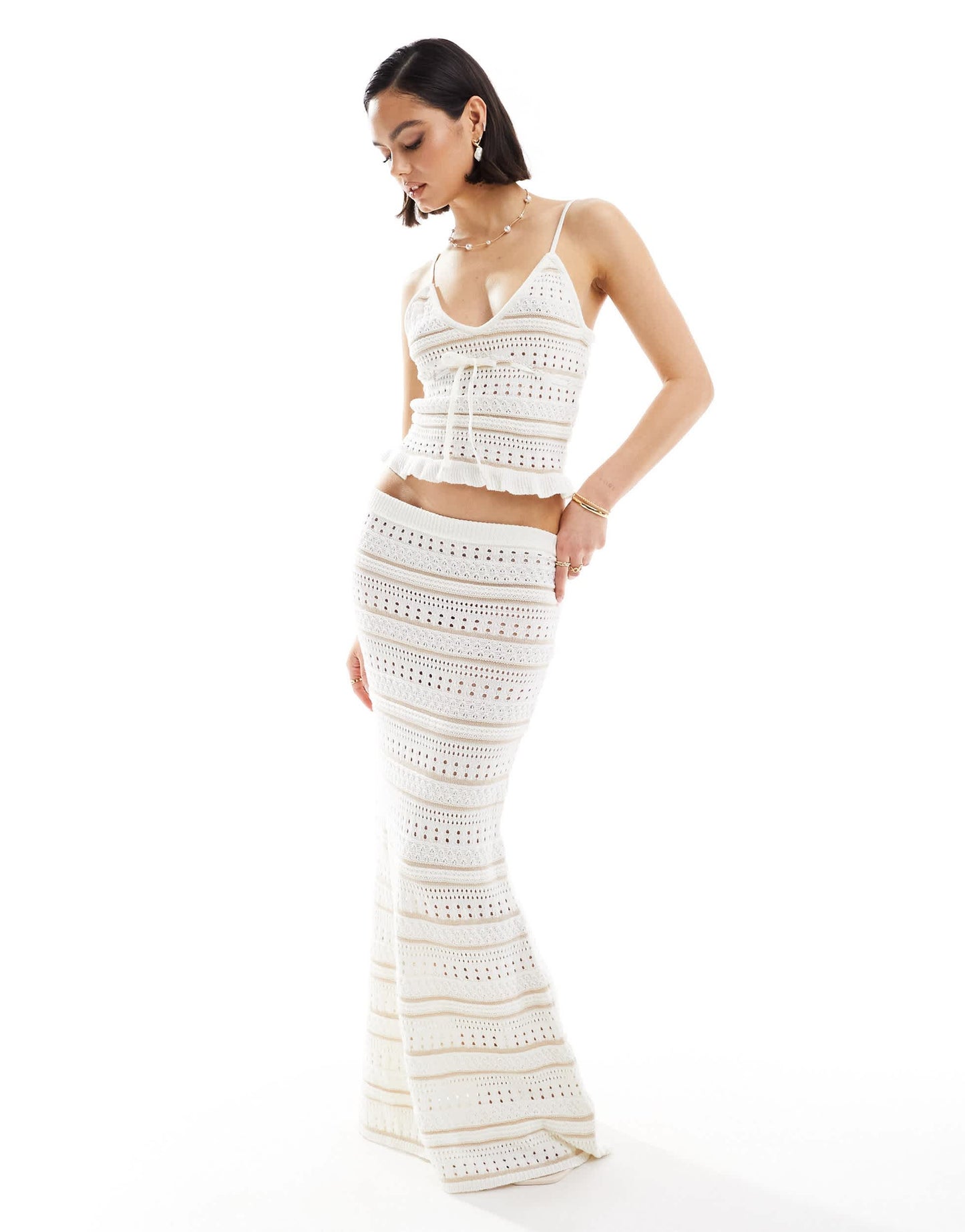ASOS DESIGN knitted stripe stitch cami top in cream  co-ord