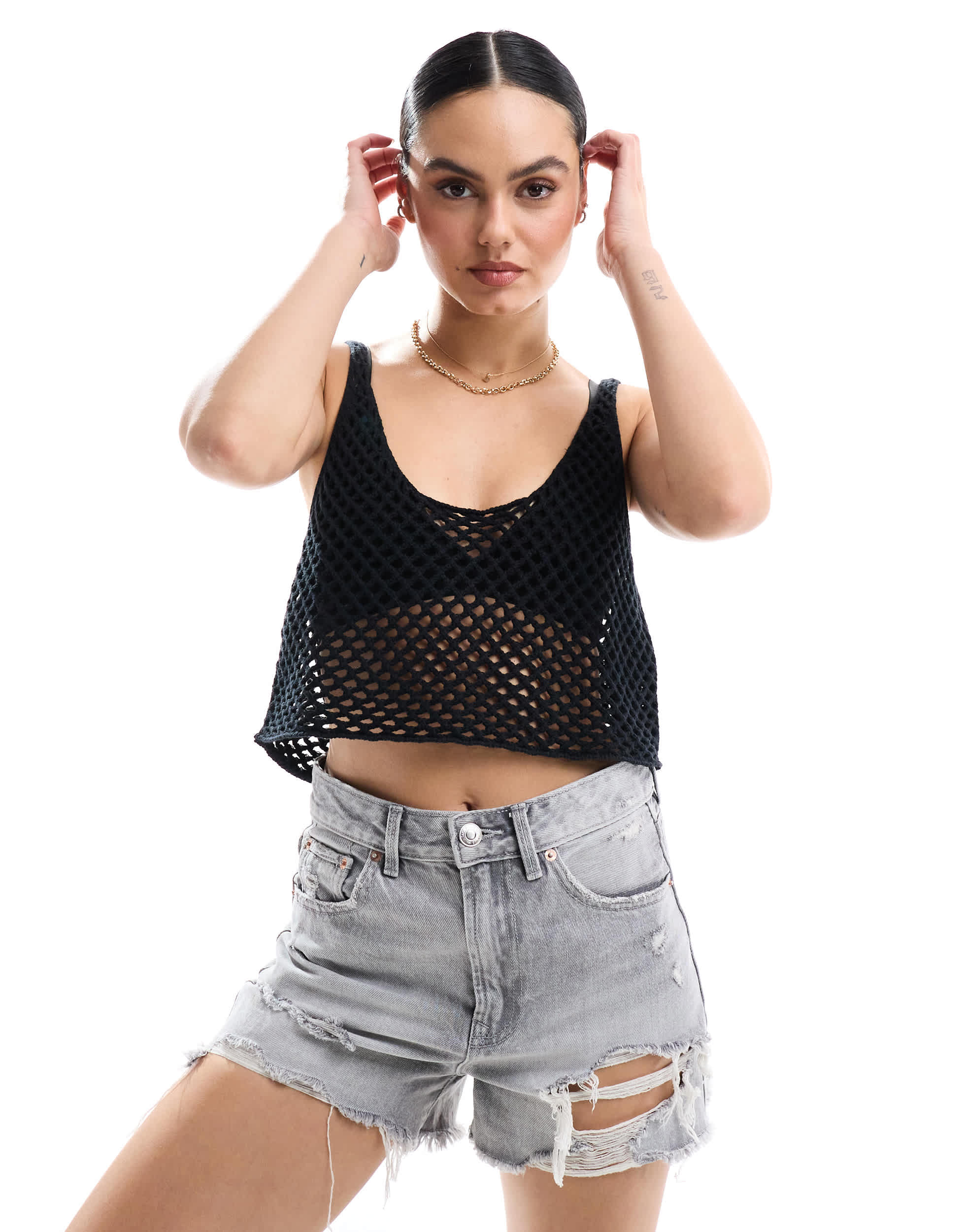 Miss Selfridge open stitch crochet crop vest top in black