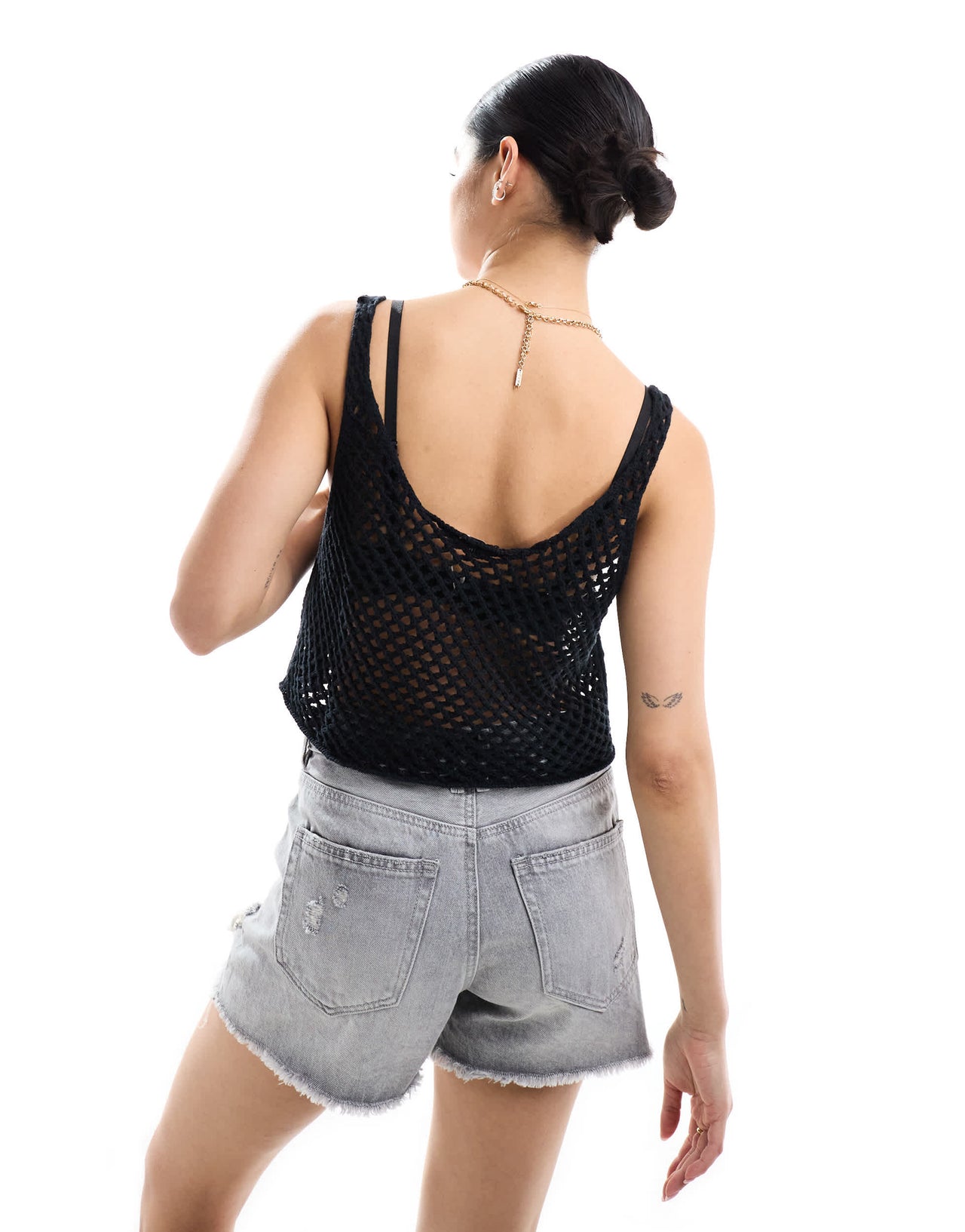 Miss Selfridge open stitch crochet crop vest top in black