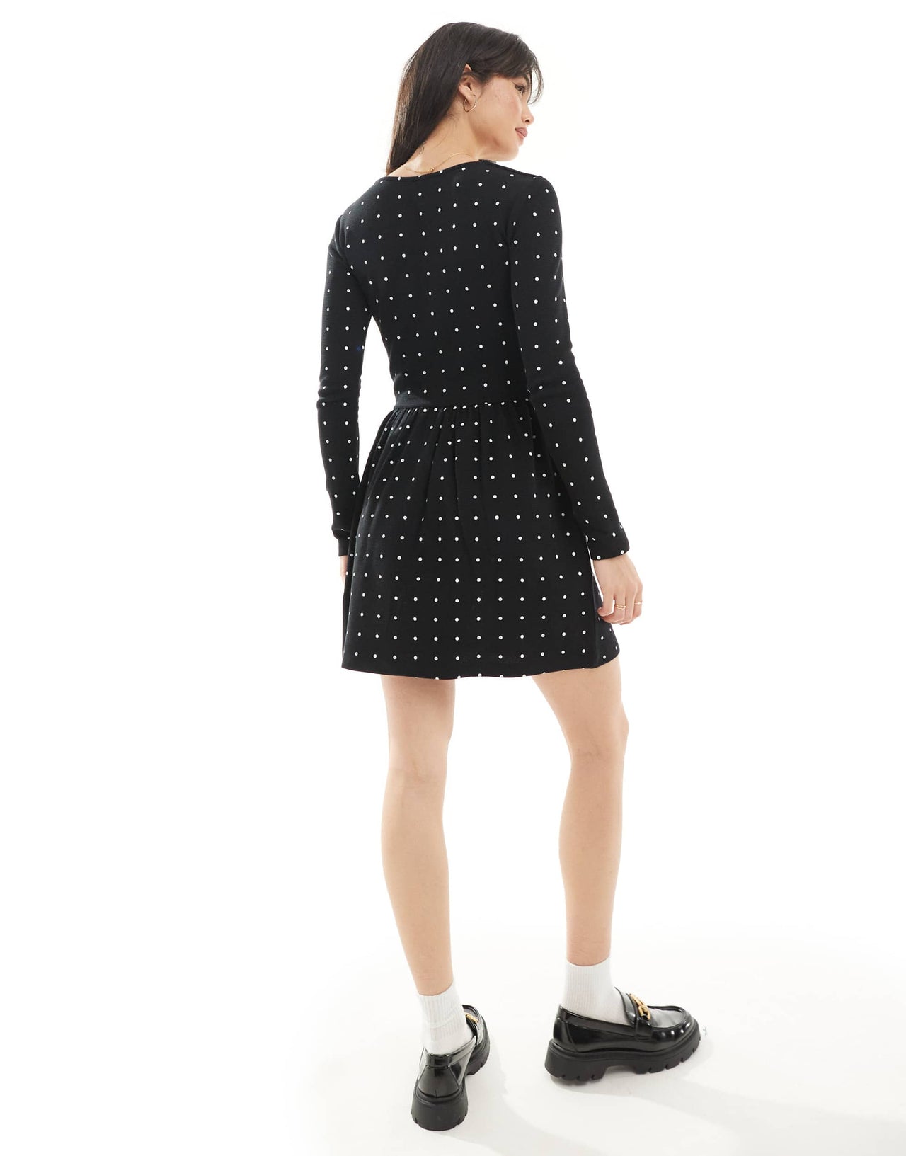 ASOS DESIGN square neck long sleeve skater hem mini dress skirt in spot print - MULTI