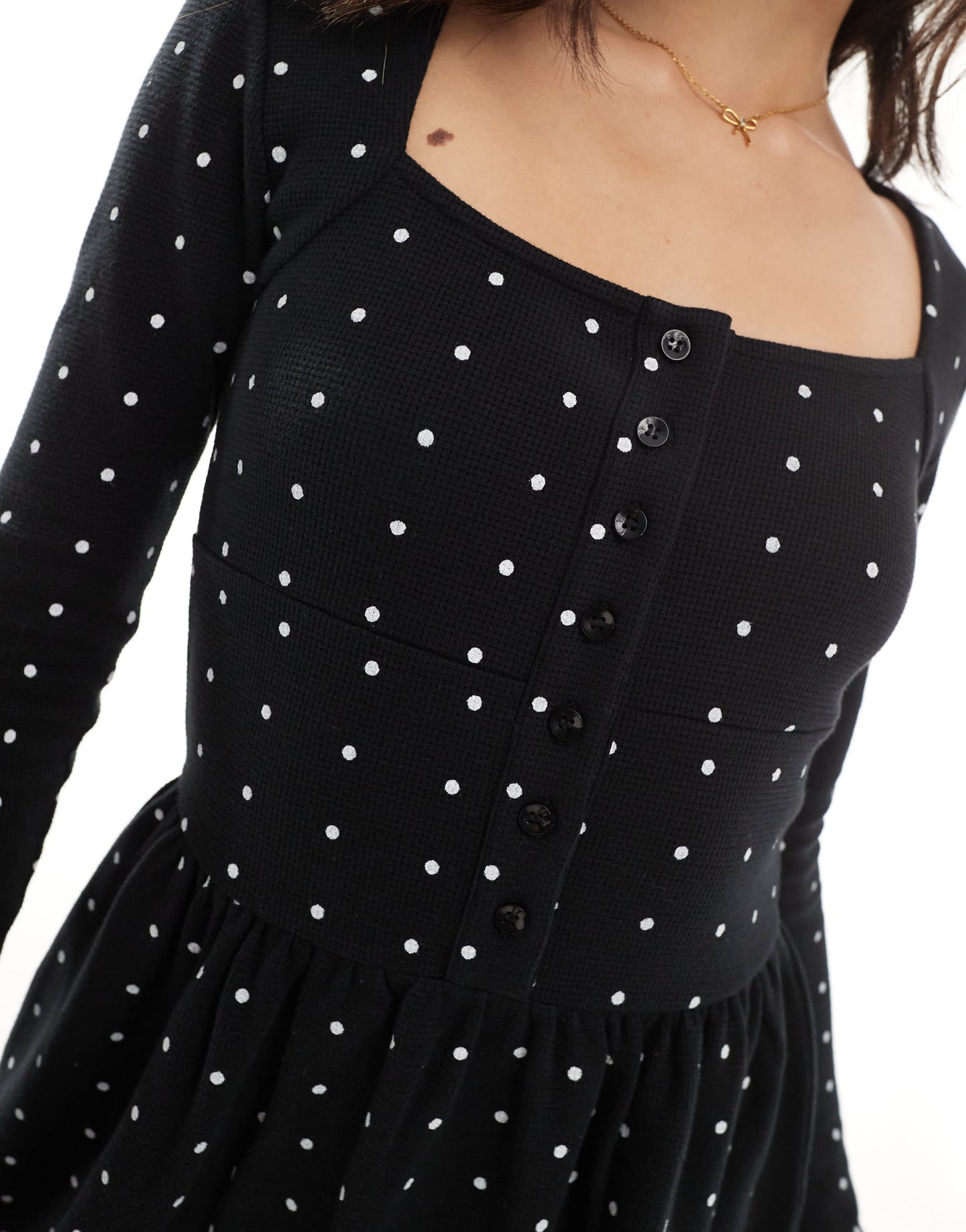 ASOS DESIGN square neck long sleeve skater hem mini dress skirt in spot print - MULTI