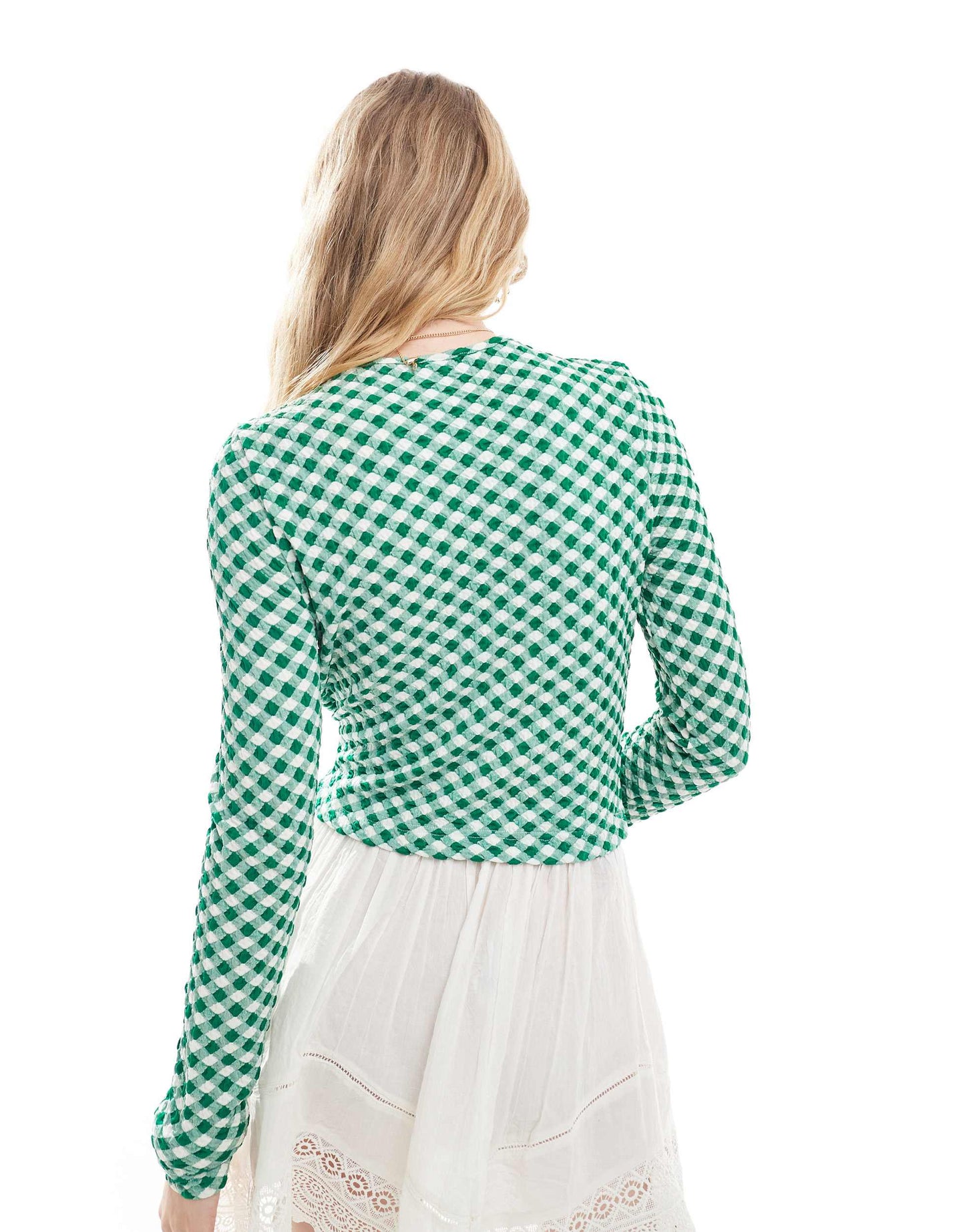 Neon Rose slinky gingham long sleeve keyhole top in green