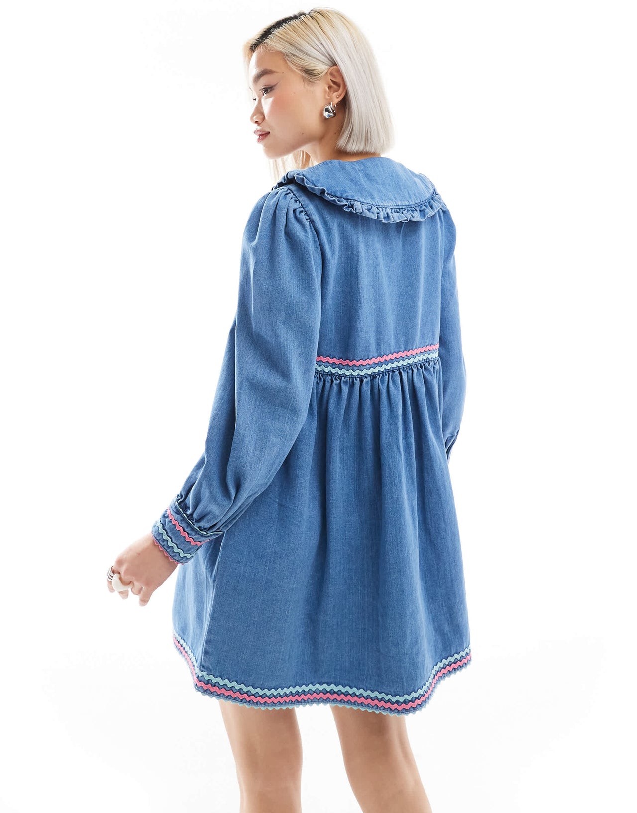 Neon Rose rik-rak detail denim mini smock dress in blue