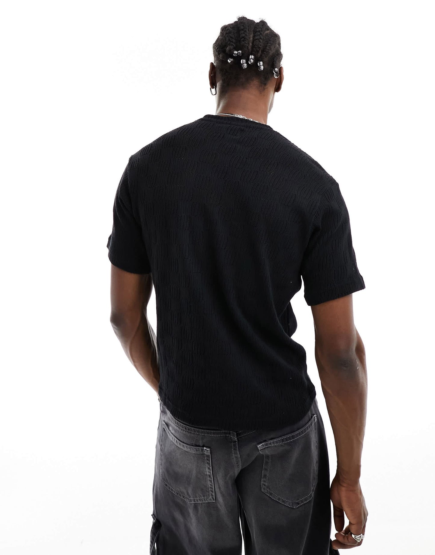 Pull&Bear textured knitted t-shirt in black