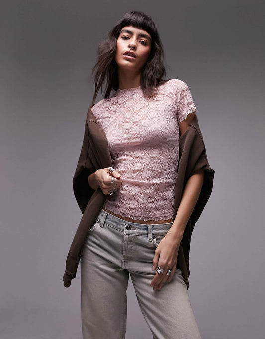 Topshop lace longline tee in pink
