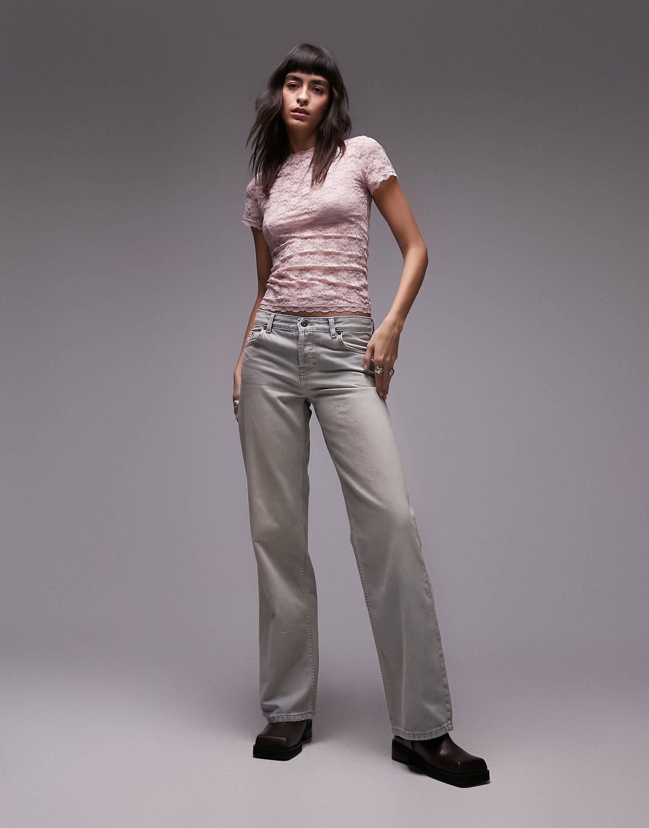 Topshop lace longline tee in pink