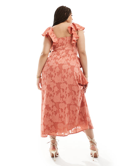 Pretty Lavish Curve jacquard floral ruffle midaxi dress in terracotta
