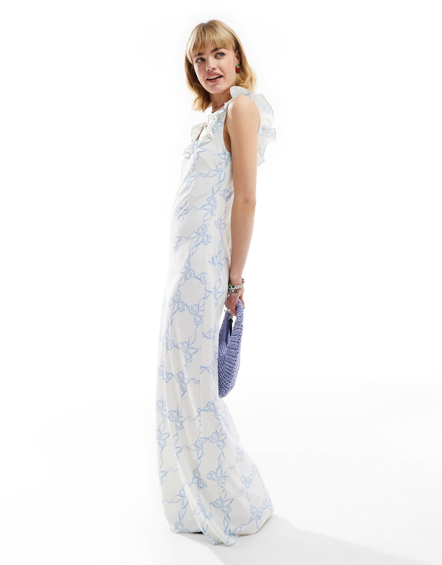 Glamorous scoop frill neck maxi dress in white with blue ribbon print