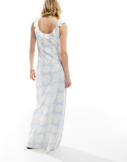 Glamorous scoop frill neck maxi dress in white with blue ribbon print