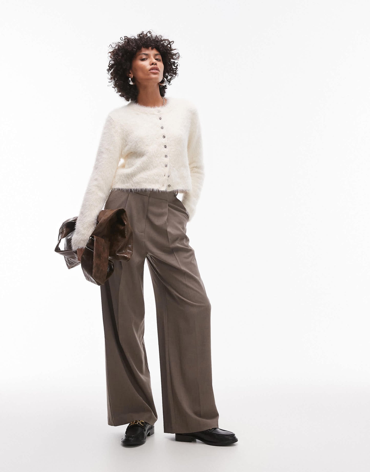 Topshop knitted fluffy micro cardi in ivory