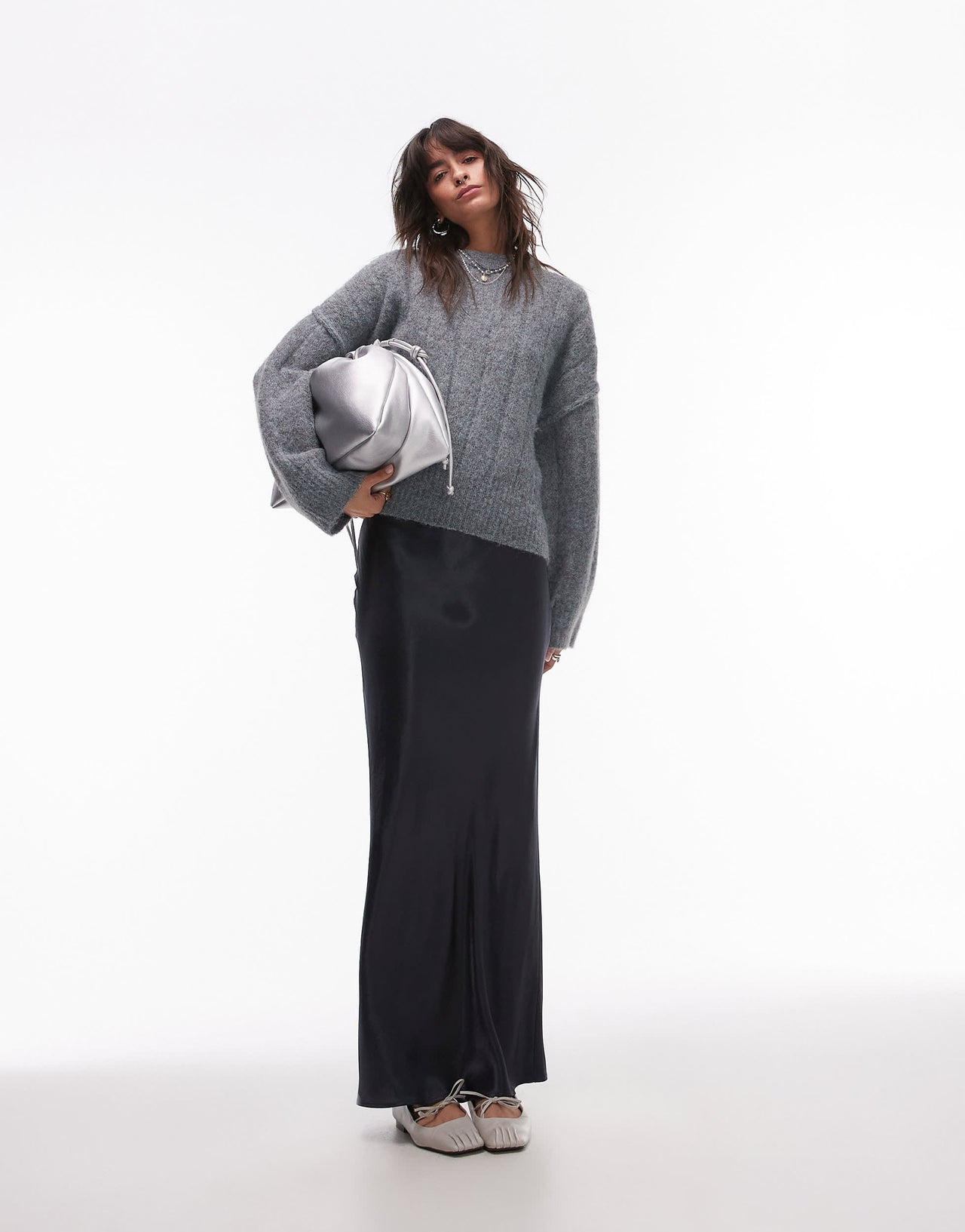 Topshop knitted fluffy rib oversized crew jumper in grey