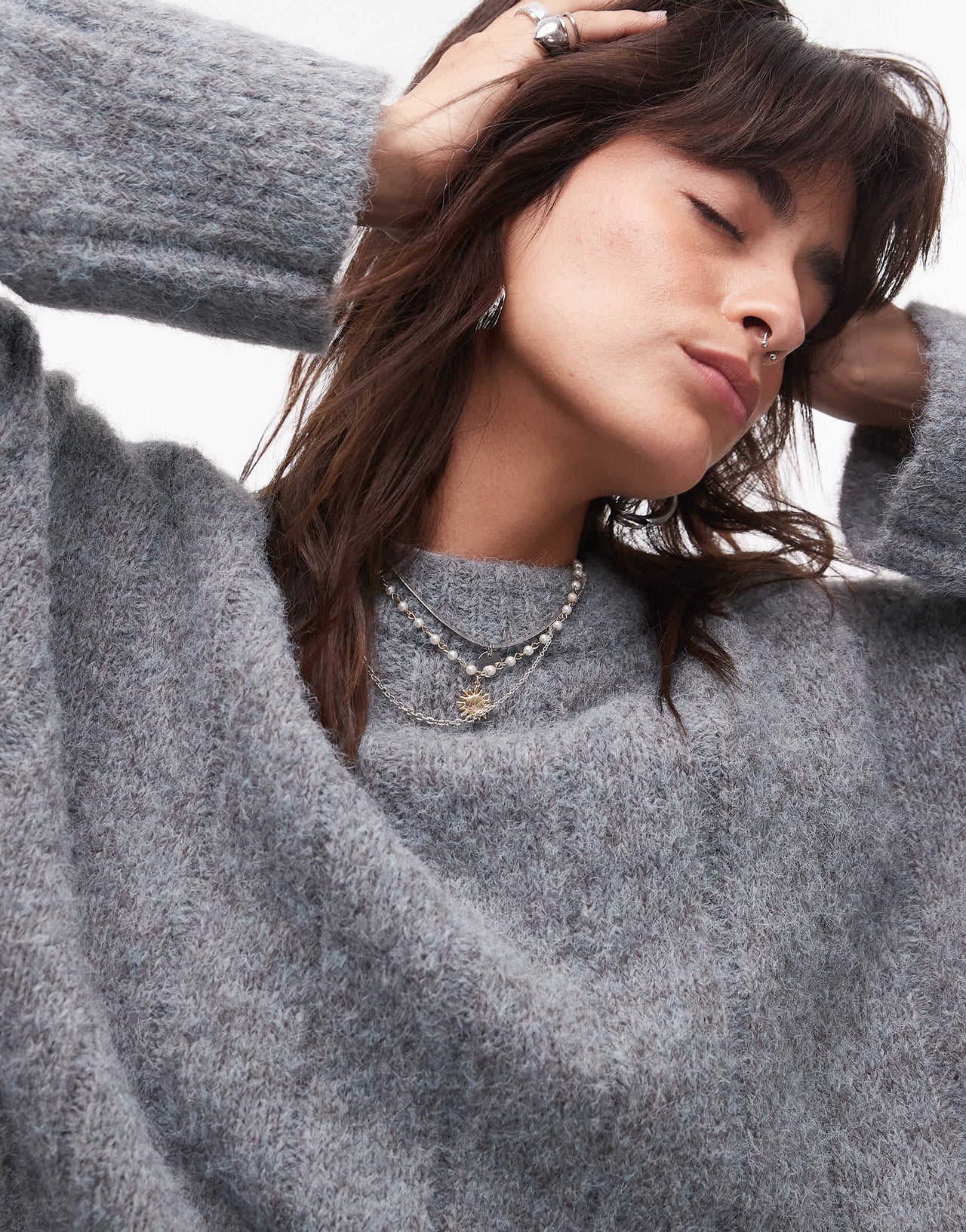 Topshop knitted fluffy rib oversized crew jumper in grey