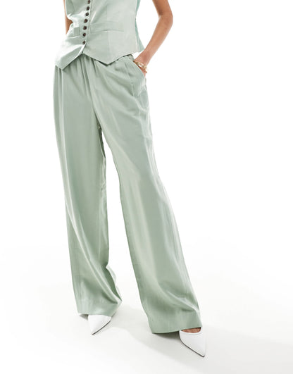 Whistles Rita luxe elasticated waist trouser in sage green co-ord