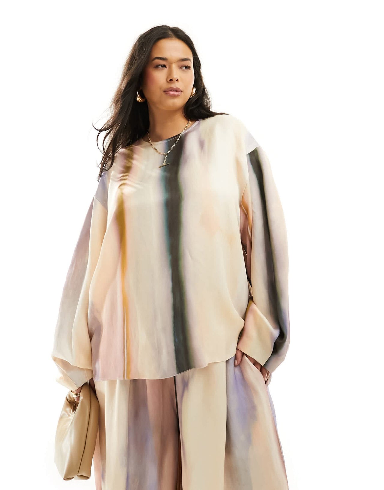 ASOS EDITION Curve satin long sleeve top co-ord in blurred stripe