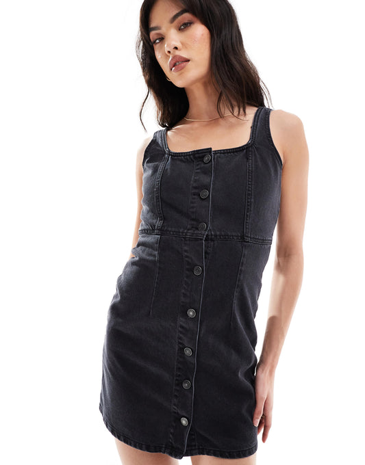 DTT denim button front mini dress in black