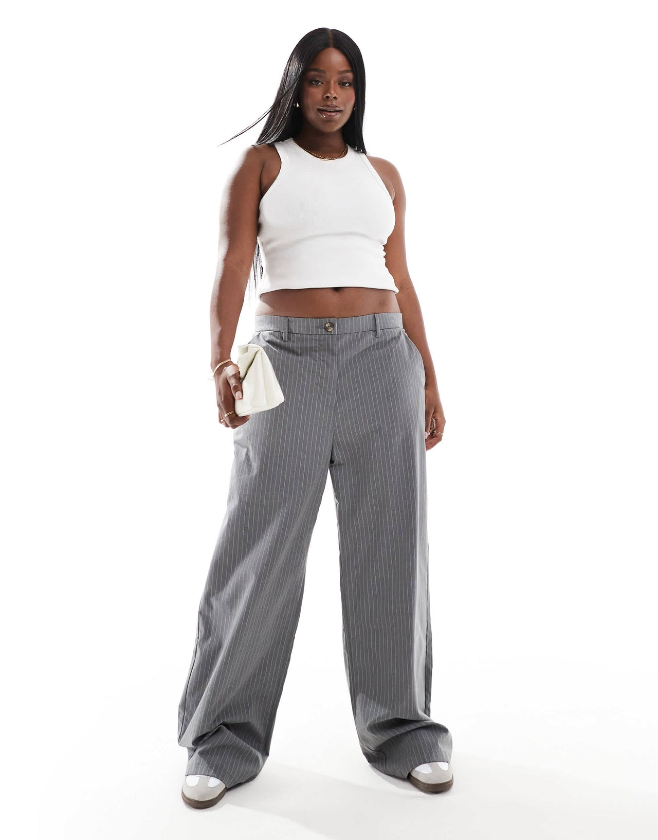 DTT Plus high waisted pinstripe trousers in grey