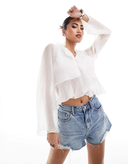 In The Style x Perrie Sian frill tie front top in white