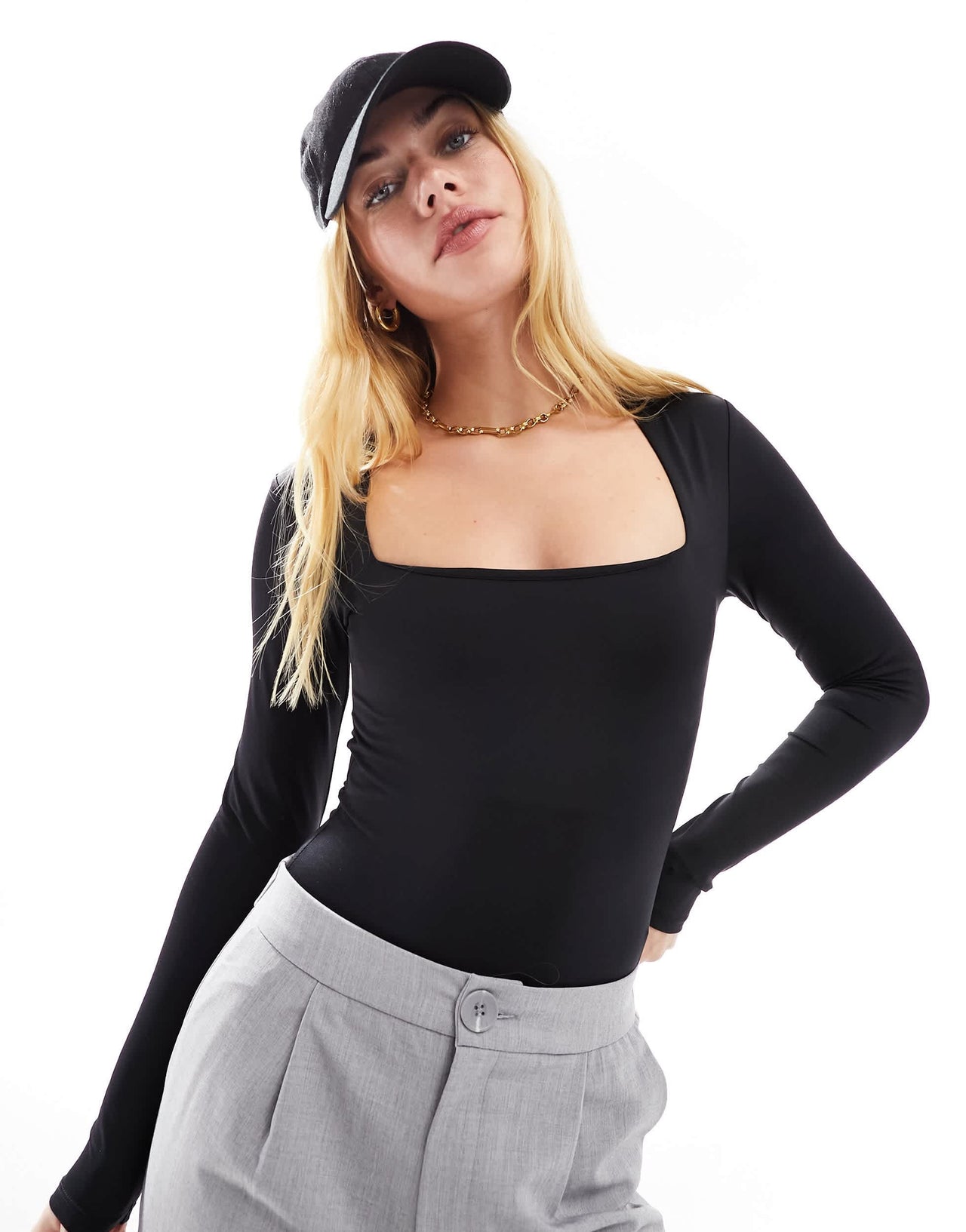 Stradivarius square neck bodysuit in black