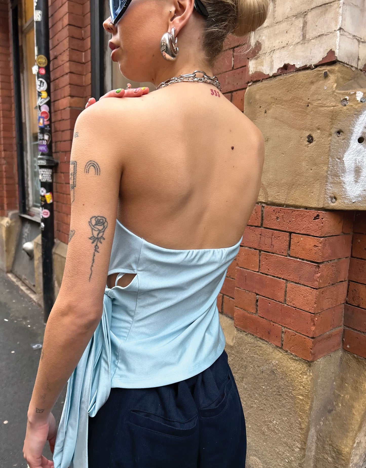 Labelrail x Daisy Birchall asymmetric slinky bandeau top with bow detail in ice blue