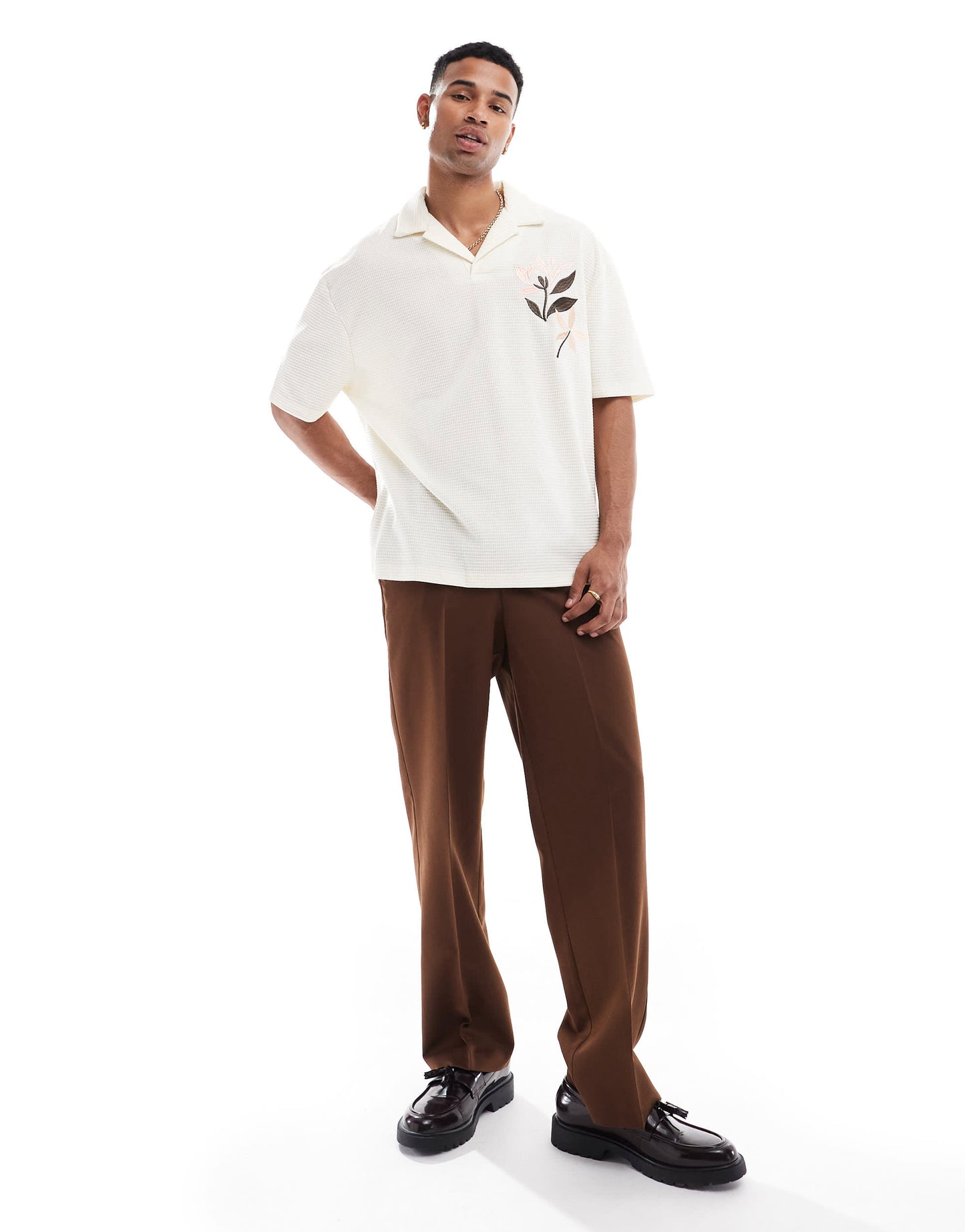 ASOS DESIGN oversized button through texture polo with embroidery