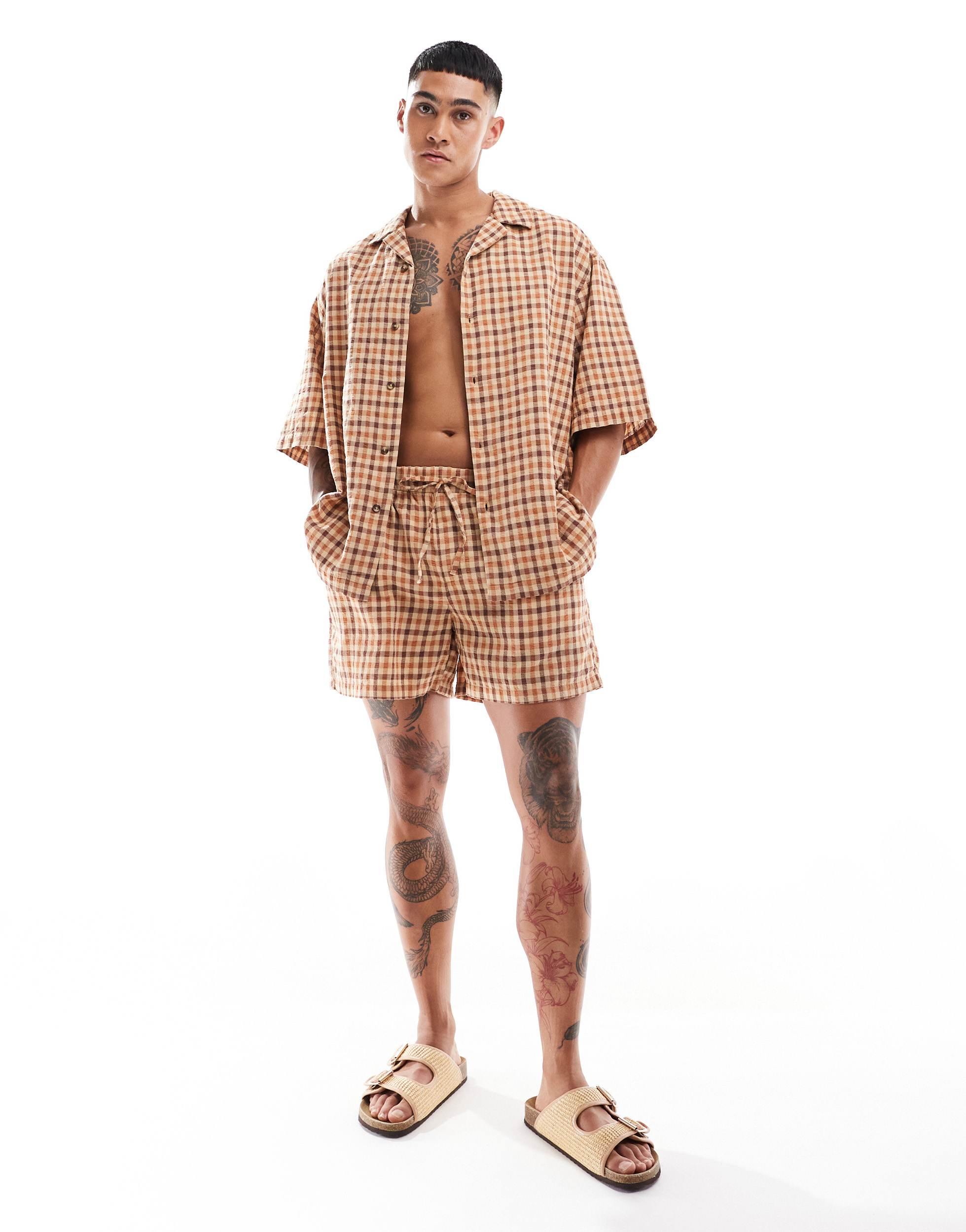 ASOS DESIGN gingham check shorts co-ord in brown