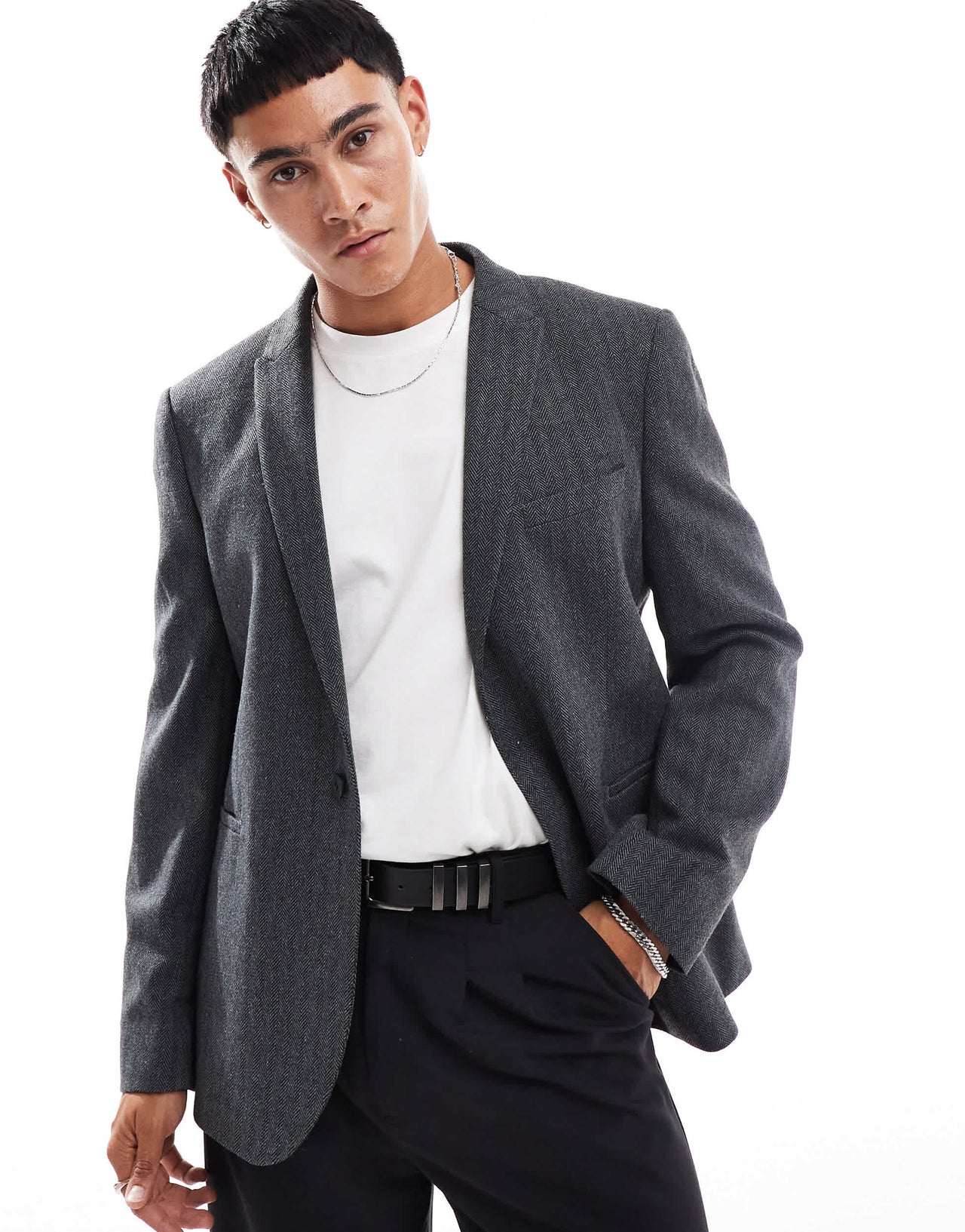 ASOS DESIGN slim fit wool mix suit jacket in herringbone in charcoal