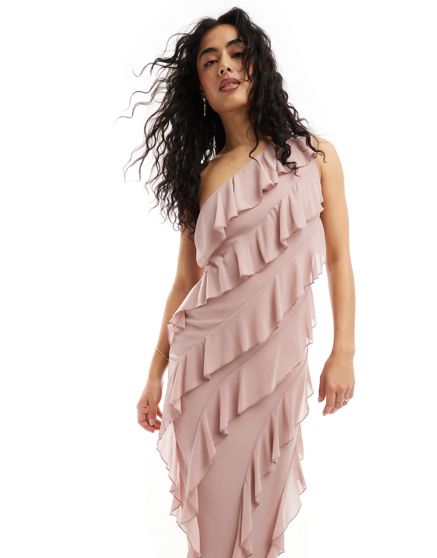 TFNC Bridesmaids chiffon one shoulder maxi dress with frills in soft pink