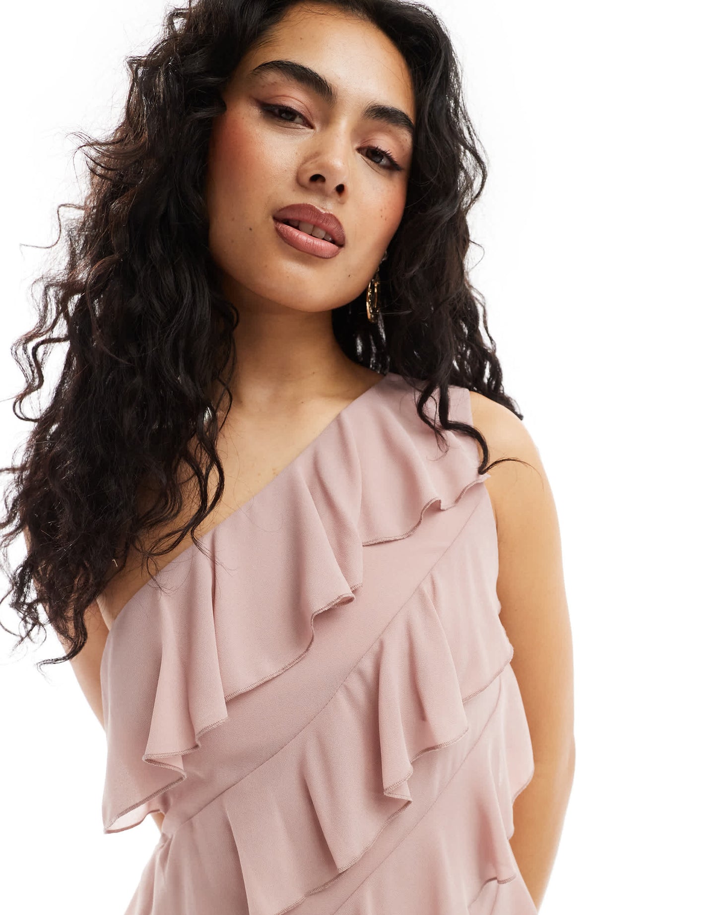 TFNC Bridesmaids chiffon one shoulder maxi dress with frills in soft pink