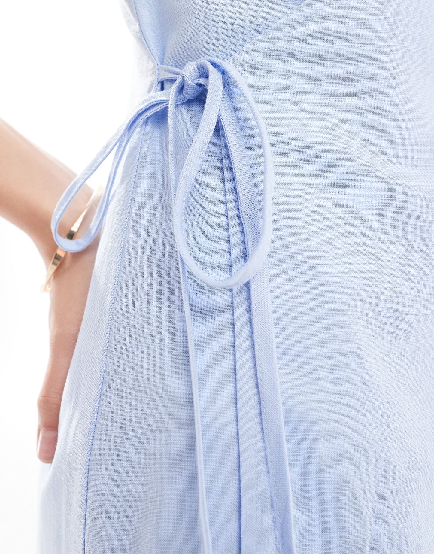 SNDYS linen blend tie side wrap mini dress in light blue