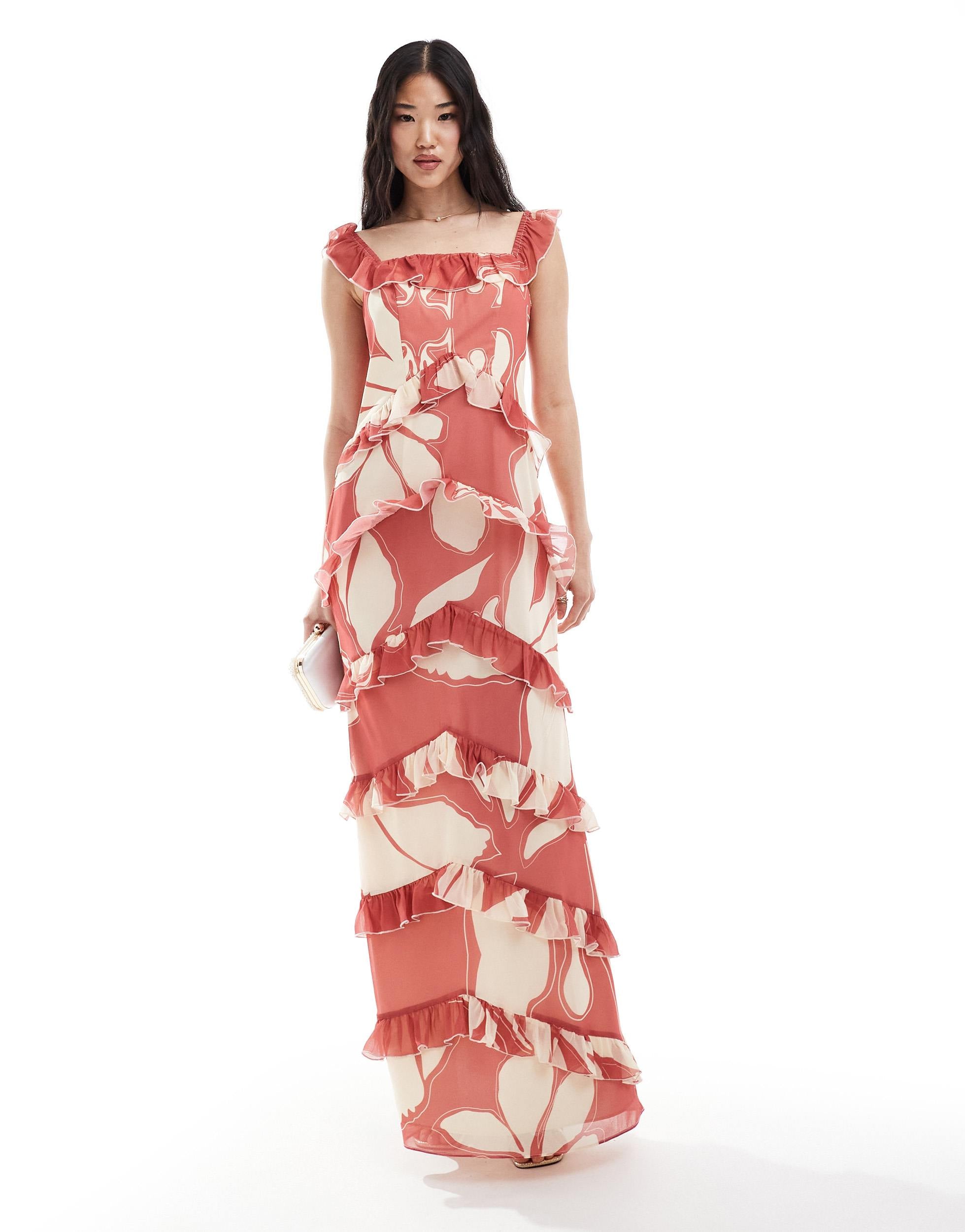 Pretty Lavish exclusive to ASOS Cecile ruffle maxi dress in terracotta floral