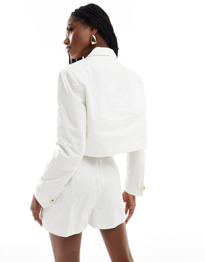 Kaiia exclusive cotton rich linen look frayed trim cropped blazer co-ord in white