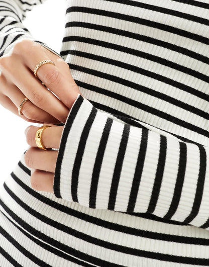Pieces ribbed long sleeved scoop back top co-ord in cream and black stripe